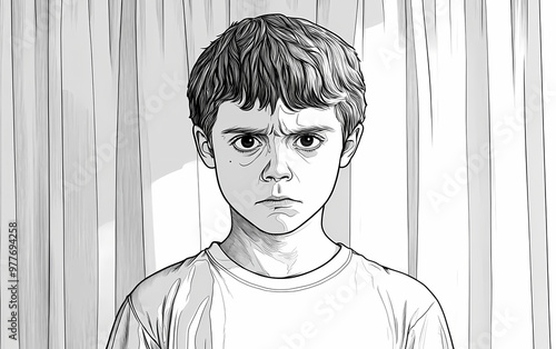 Black and white illustration of a young boy standing with an intense expression, drawn in a bold line art style. The child stands in front of curtains, conveying frustration or contemplation. Perfect  photo