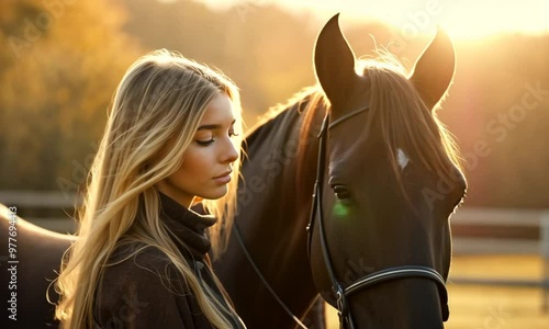 Beautiful woman, blonde with a brown horse. Hippodrome, equestrian sport, spiritual connection