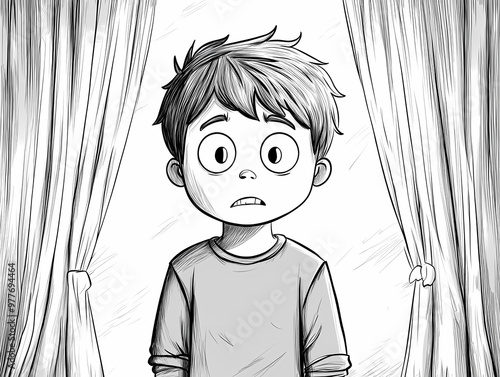 Black and white illustration of a young boy standing with an intense expression, drawn in a bold line art style. The child stands in front of curtains, conveying frustration or contemplation. Perfect  photo