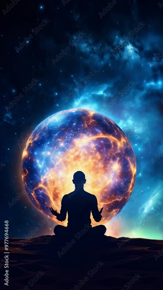 An adult man in prayer is shown in silhouette before a glowing energy field. Concept of spirituality and connection with the cosmos. An adult man in prayer is shown in silhouette before a glowing energy field. Concept of spirituality and connection with the cosmos.