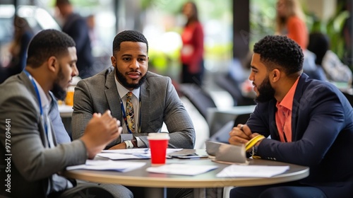 Minority entrepreneurs networking at a business conference, exchanging ideas, diverse backgrounds, dynamic energy in a professional setting