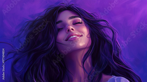A vibrant portrait of a smiling woman with flowing, colorful hair illuminated by soft purple and blue lighting, evoking a sense of beauty, energy, and confidence.