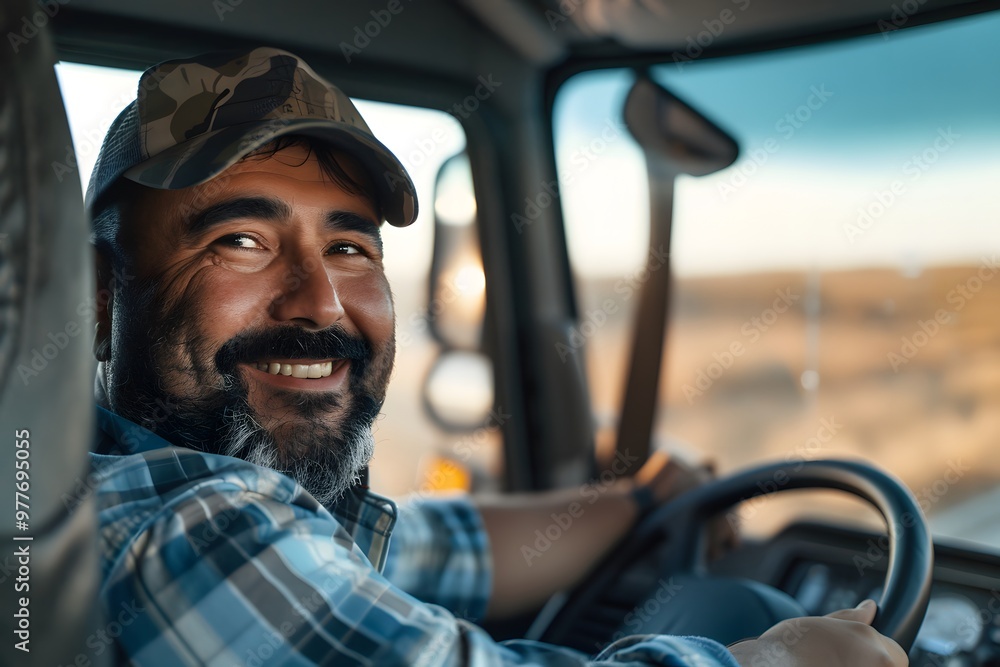 A smiling truck driver sits in the driver's seat of his truck, looking directly at the camera. A smiling truck driver sits in the driver's seat of his truck, looking directly at the camera.