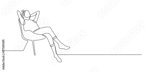 woman relaxing, sitting on chair,enjoying holiday.weekend one line drawing. one line vector illustration.one continuous line drawing. isolated white background