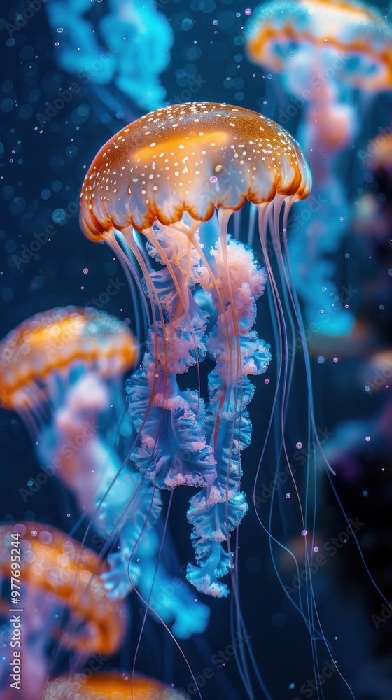 Fototapeta premium Jellyfishs floating in the water with bubbles of water, travel concept, vertical background