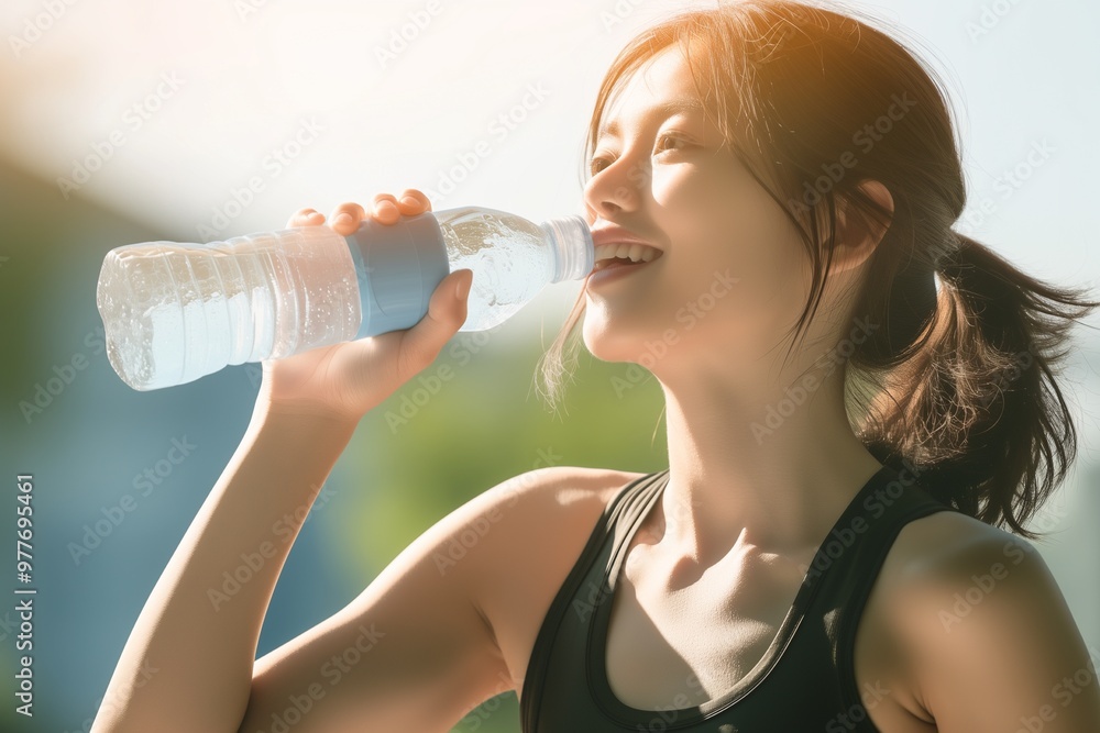 Closeup of Asian woman drinking water after exercise Closeup of Asian woman drinking water after exercise