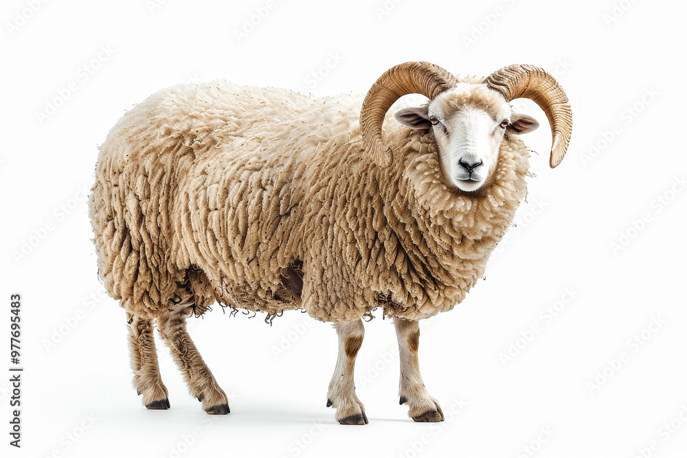 Fototapeta premium A ram with horns stands in front of a white background