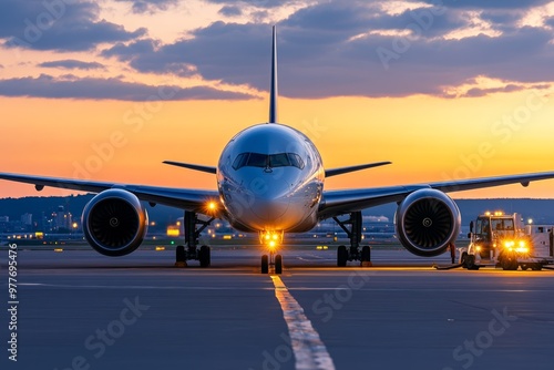 A jetliner being refuelled at dawn, preparing for a long international flight