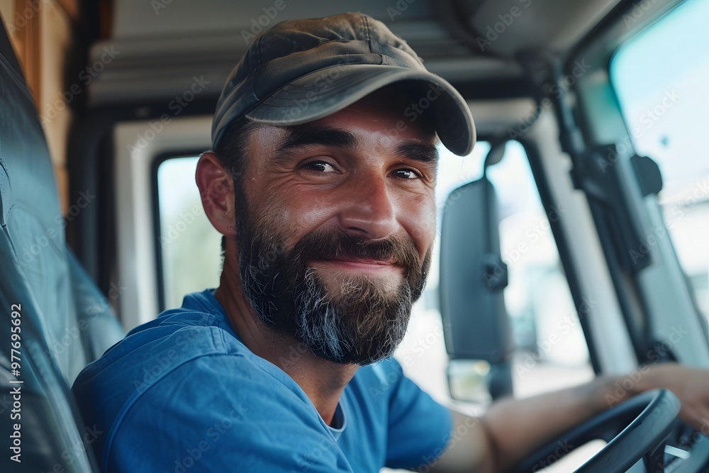A smiling truck driver sits in the driver's seat of his truck, looking directly at the camera. A smiling truck driver sits in the driver's seat of his truck, looking directly at the camera.