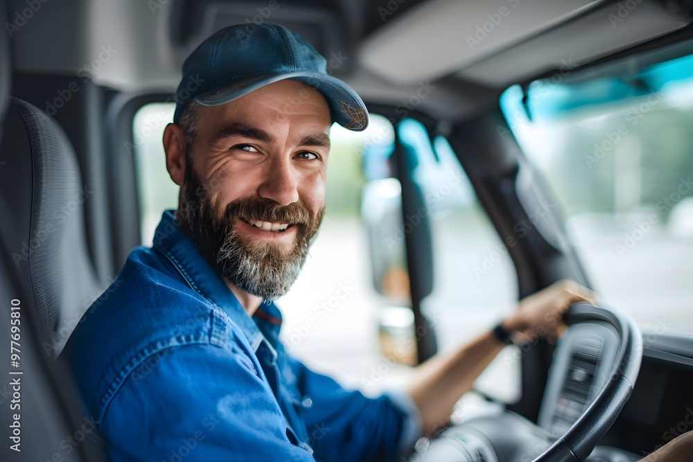 A smiling truck driver sits in the driver's seat of his truck, looking directly at the camera. A smiling truck driver sits in the driver's seat of his truck, looking directly at the camera.