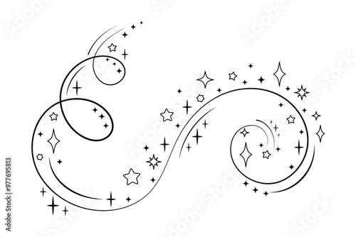 Wind lines, magic spell.Magic wand. Swirling movement of fairy dust. Stars, sparks, fairy sorcery. The symbol of a miracle