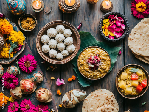 Indian offerings of riceballs, kheer, dal, and chapati prepared for Pitru Paksha. photo