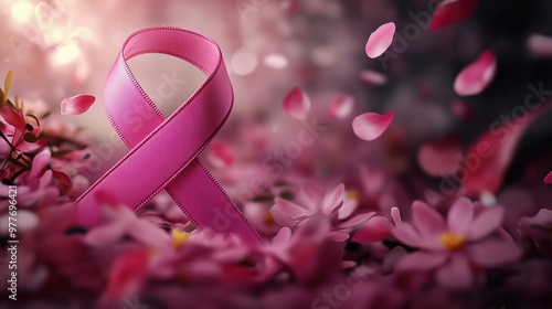 A pink cancer awareness ribbon displayed on a delicate background filled with pink flowers and petals, rendered in a soft focus effect. This 3D rendering evokes a sense of hope, strength, and solidari photo