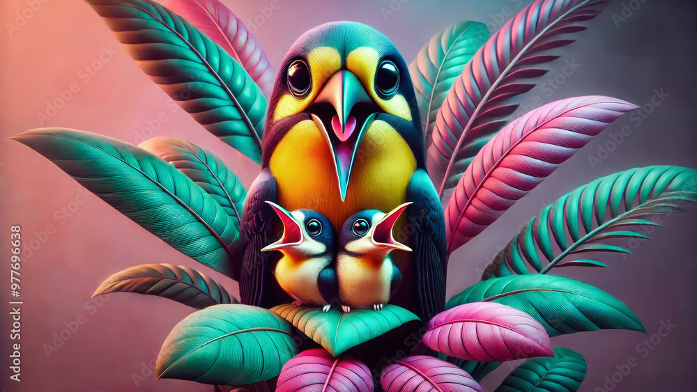 A colorful bird with large eyes sits with two chirping chicks on a tropical plant, surrounded by vibrant green and pink leaves against a pastel background. A colorful bird with large eyes sits with two chirping chicks on a tropical plant, surrounded by vibrant green and pink leaves against a pastel background.