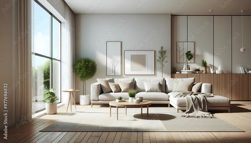 Fototapeta premium Cozy Modern Living Space with Neutral Tones and Potted Plants