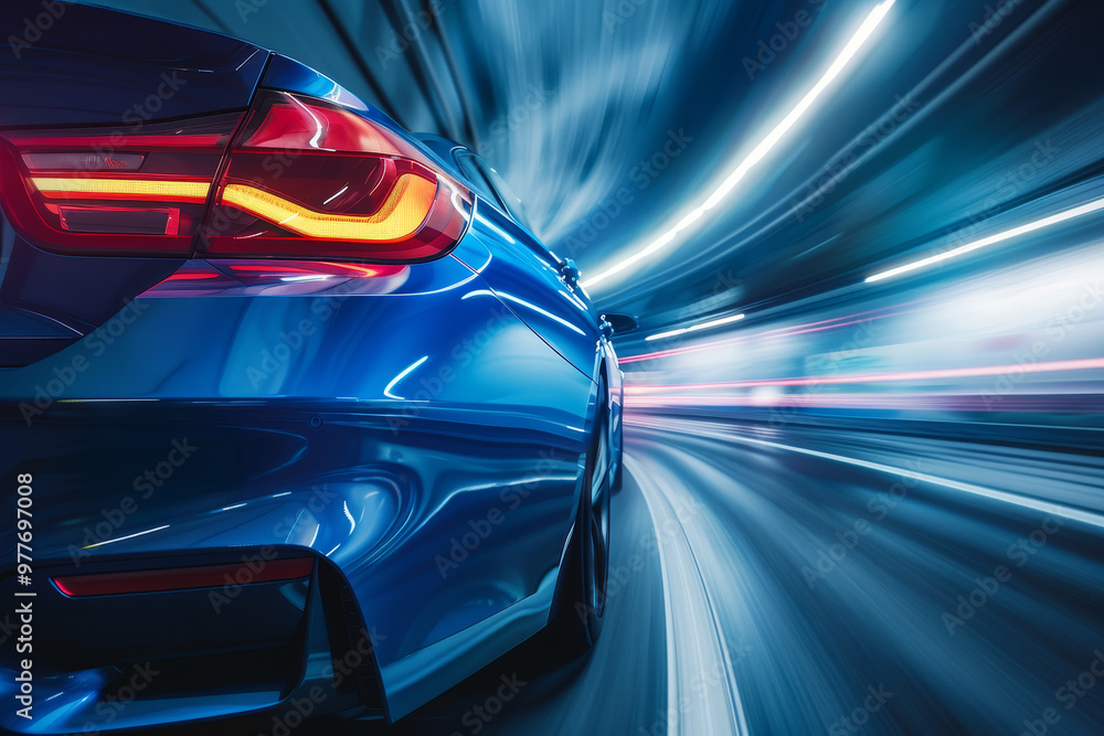 A blue car is driving down a highway with its headlights on