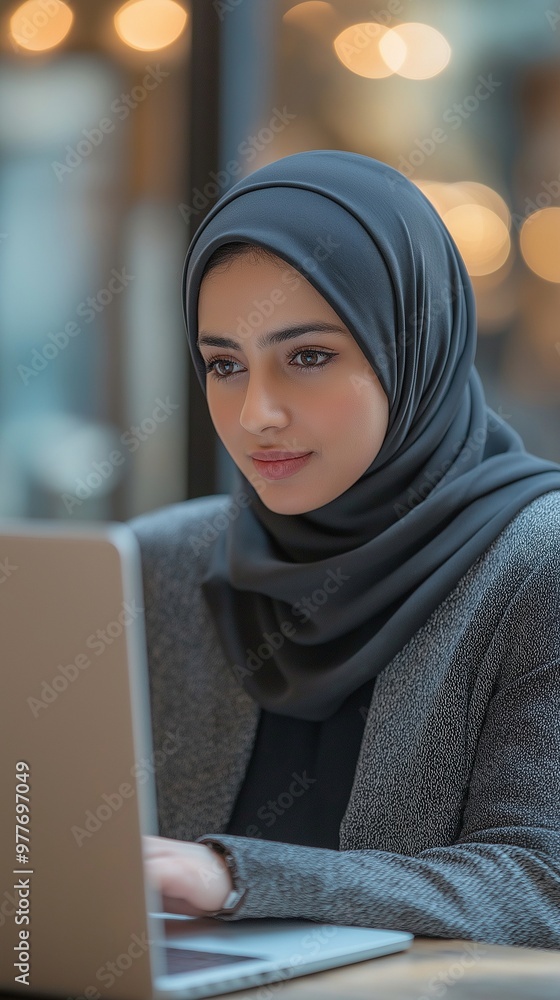 A Muslim businesswoman in a headscarf works assiduously and confidently at her computer. A Muslim businesswoman in a headscarf works assiduously and confidently at her computer.