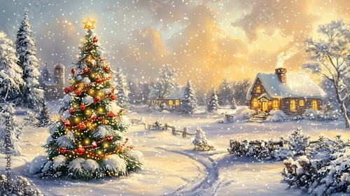 A snowy landscape with a decorated Christmas tree in the foreground and a cottage in the background