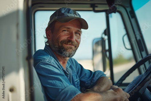 A smiling truck driver sits in the driver's seat of his truck, looking directly at the camera.