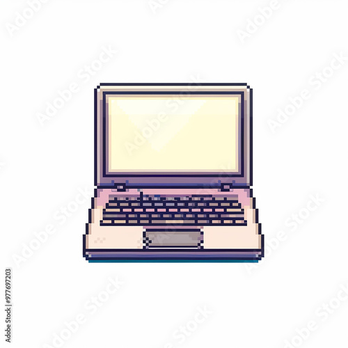 A cool retro 8 bit game art style image of wireless laptop on a white background