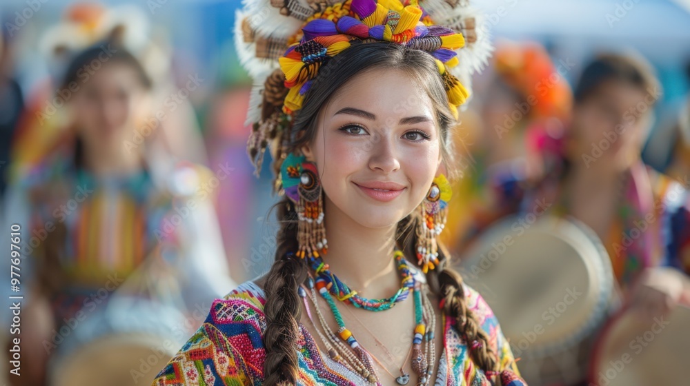 Woman with a colorful headdress and a drum, traditional ceremony Woman with a colorful headdress and a drum, traditional ceremony