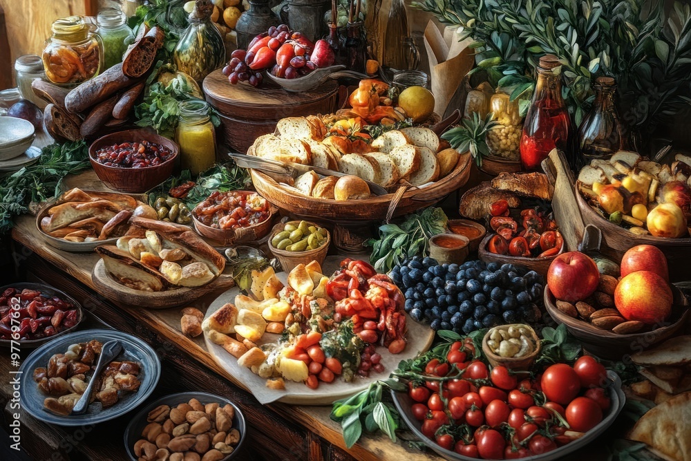 A Rustic Table Spread of Fresh Produce, Bread, and Jars A Rustic Table Spread of Fresh Produce, Bread, and Jars