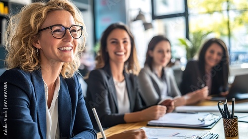 Women entrepreneurs leading a business meeting, diverse backgrounds, modern office, confident and dynamic leadership, strategic planning