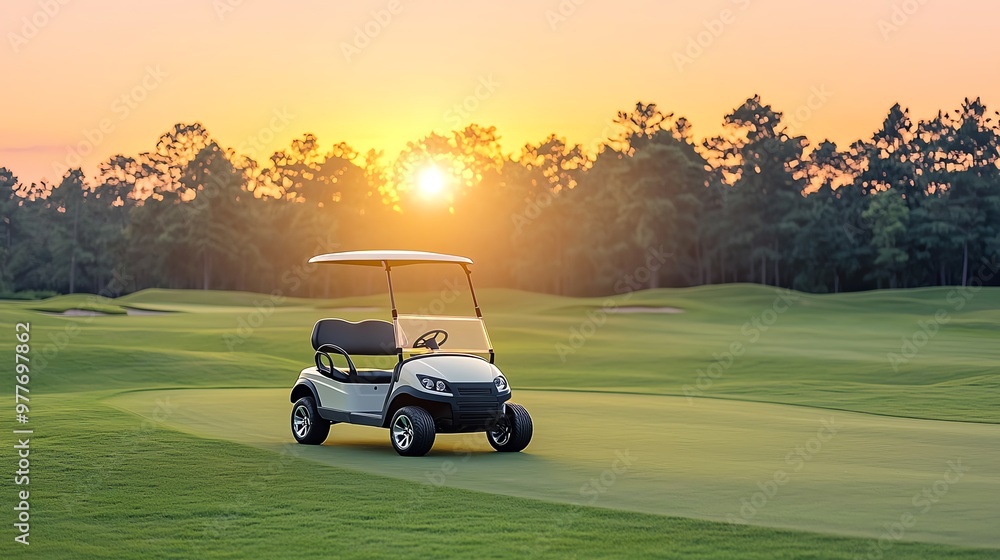 Silhouette of a golf cart moving across a lush course at sunset, with the sun setting behind distant trees, golf cart silhouette, evening backdrop Silhouette of a golf cart moving across a lush course at sunset, with the sun setting behind distant trees, golf cart silhouette, evening backdrop