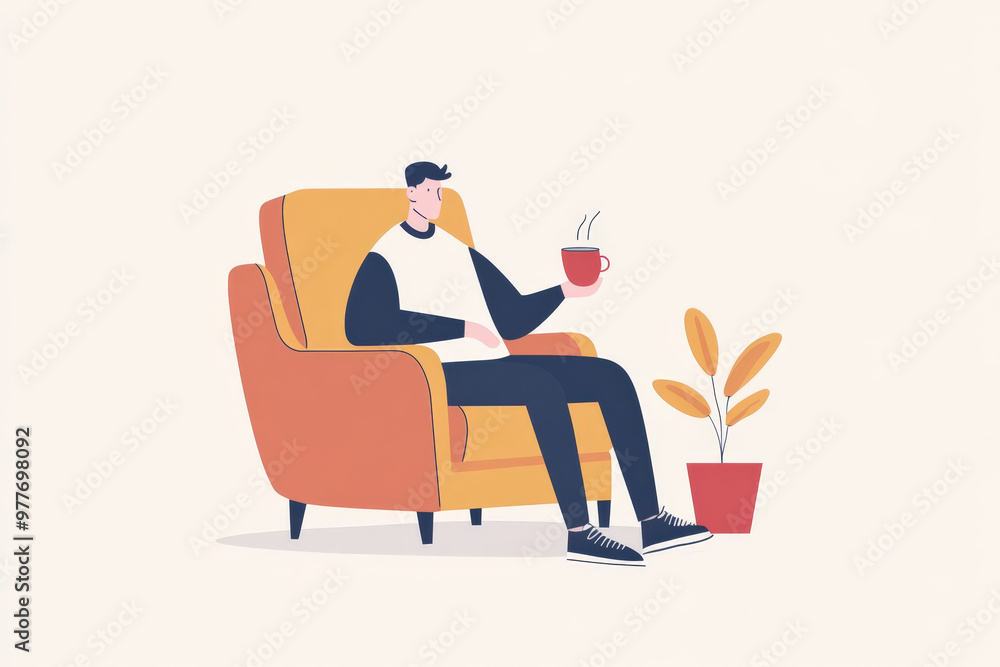 Young man is taking a break, enjoying a hot drink in a comfortable armchair Young man is taking a break, enjoying a hot drink in a comfortable armchair