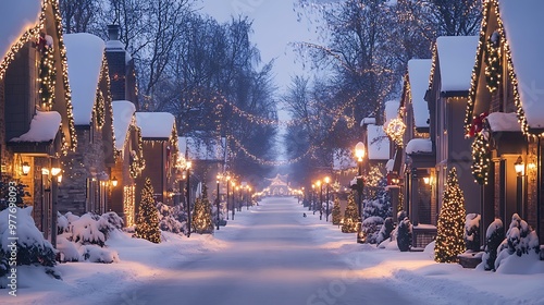 A snowy street at dusk with houses decorated with Christmas lights and holiday wreaths on the doors