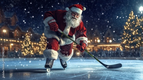 Wallpaper Mural Santa plays hockey on a skating rink in the evening. Torontodigital.ca