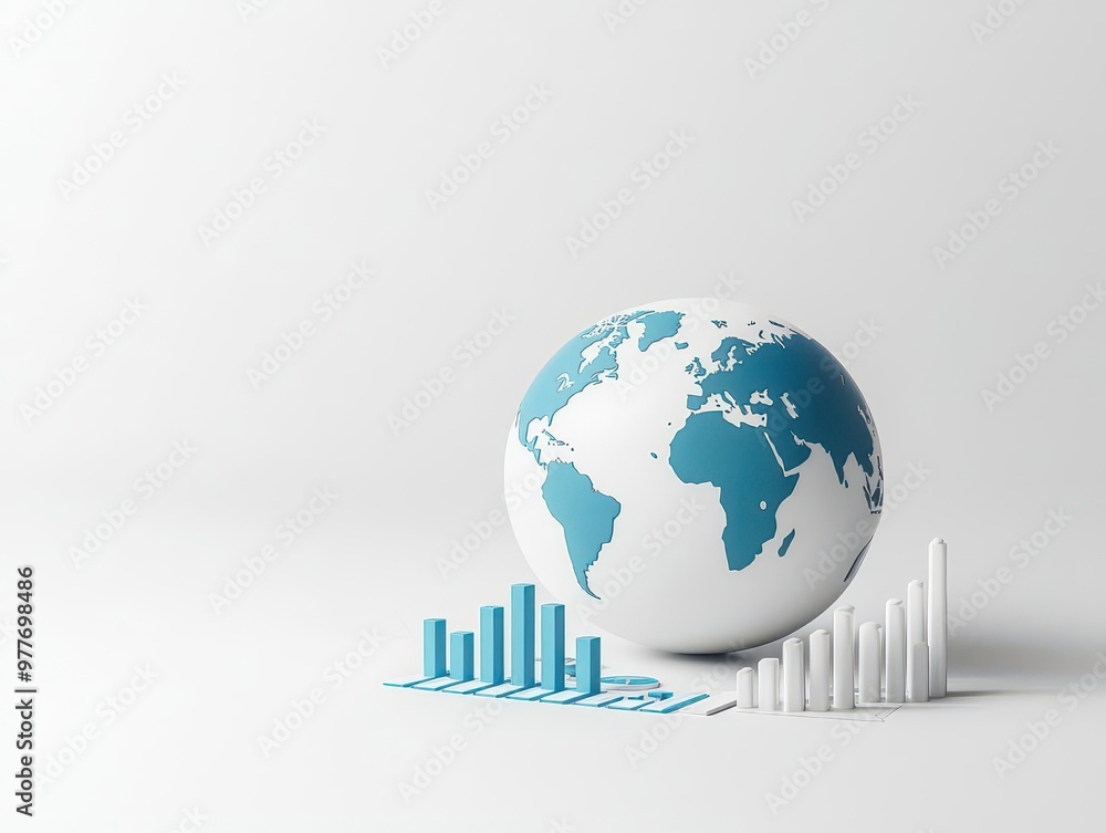 A globe illustration with upward graphs representing global growth and development in a modern, minimalist style.