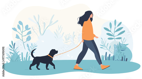 Young woman walking dog on leash. Girl leading pet in park flat vector illustration. Animal care, adoption, lifestyle concept for banner, website design or landing web page