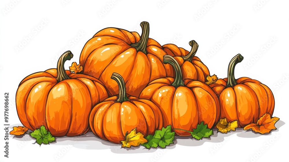 A cluster of ripe pumpkins with autumn leaves. A cluster of ripe pumpkins with autumn leaves.