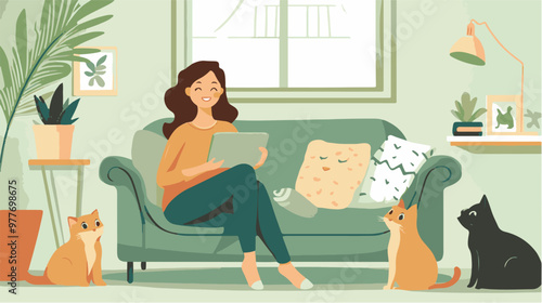 Female cartoon owner sitting on couch with cats and dog at home. Adorable scene in cozy living room with happy woman relaxing on sofa with domestic animals flat vector illustration. Pets, love concept
