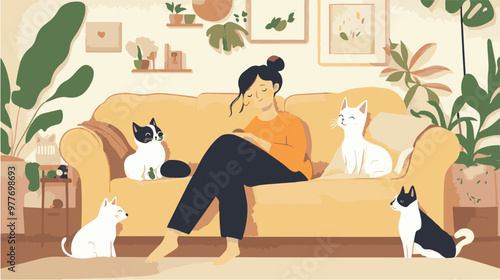 Female cartoon owner sitting on couch with cats and dog at home. Adorable scene in cozy living room with happy woman relaxing on sofa with domestic animals flat vector illustration. Pets, love concept