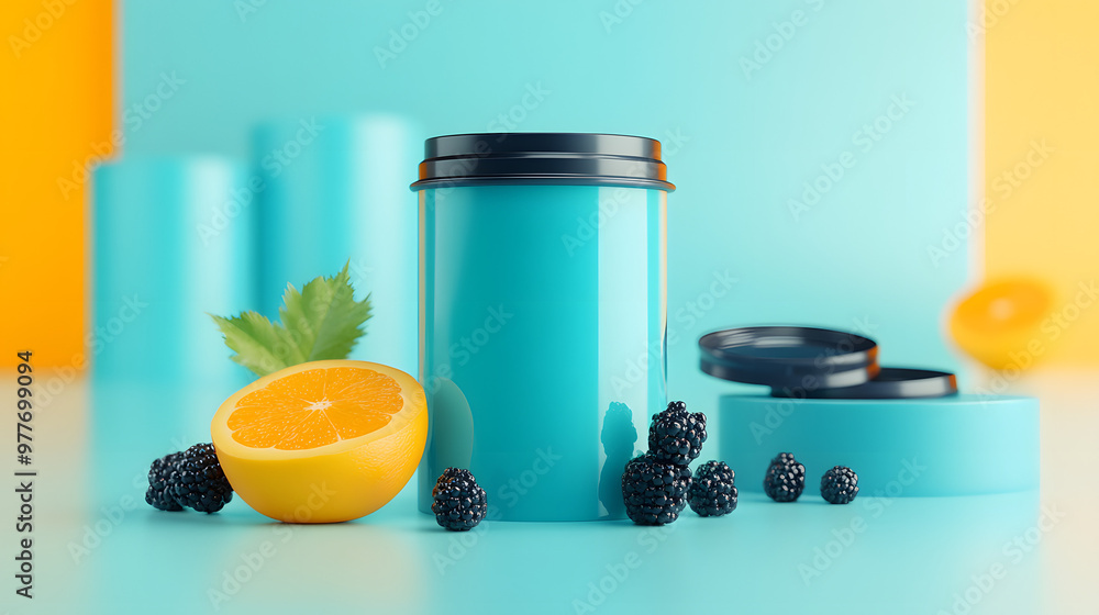 Modern Vitamin Bottle with Fruits in Minimalist Design, Orange and Berrys Modern Vitamin Bottle with Fruits in Minimalist Design, Orange and Berrys