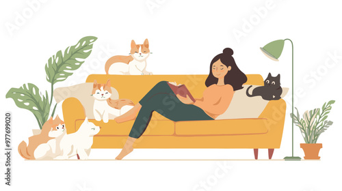 Female cartoon owner sitting on couch with cats and dog at home. Adorable scene in cozy living room with happy woman relaxing on sofa with domestic animals flat vector illustration. Pets, love concept