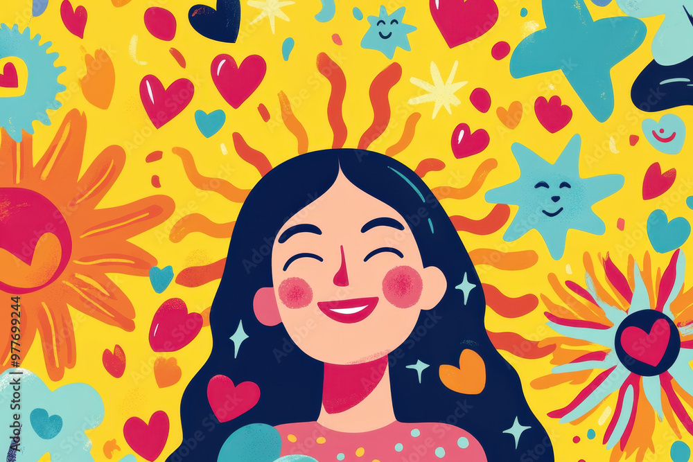 Young woman is smiling surrounded by colorful hearts and flowers in this illustration about mental health support Young woman is smiling surrounded by colorful hearts and flowers in this illustration about mental health support