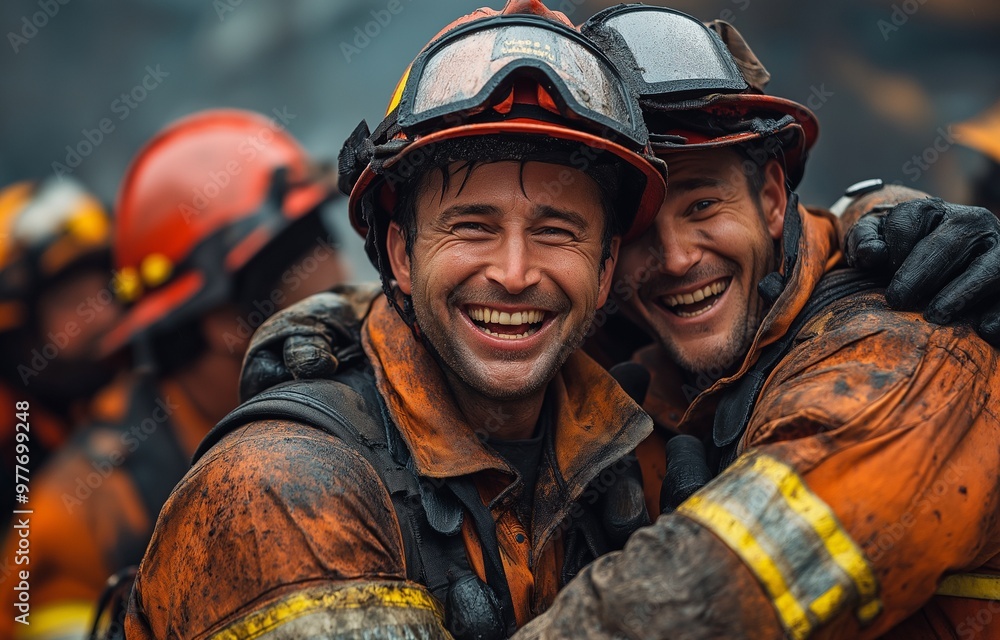 © tongpatong - A group of firefighters gathers to commemorate and exchange their happiness and relief following a triumphant operation. © tongpatong - A group of firefighters gathers to commemorate and exchange their happiness and relief following a triumphant operation.