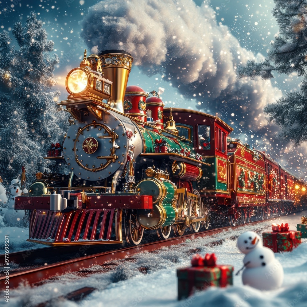 A train with a red and green engine is traveling down a snowy track A train with a red and green engine is traveling down a snowy track
