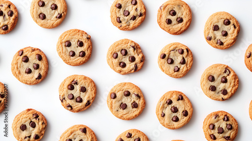 Chocolate chip cookie pattern on a white background. Lots of brown baked cookies, filled with chocolate. Table top view