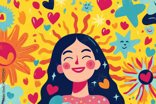 Young woman is smiling surrounded by colorful hearts and flowers in this illustration about mental health support