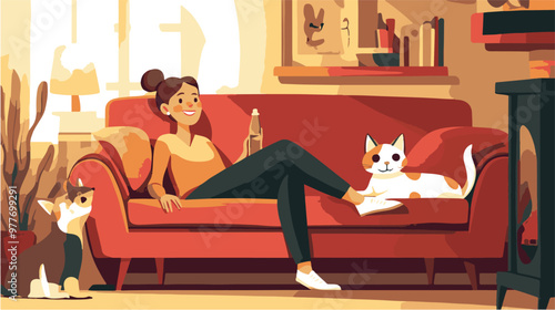 Female cartoon owner sitting on couch with cats and dog at home. Adorable scene in cozy living room with happy woman relaxing on sofa with domestic animals flat vector illustration. Pets, love concept