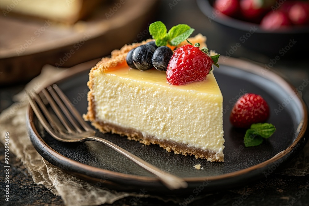 Creamy Cheesecake Slice Topped With Fresh Berries and Mint on a Rustic Table Setting Creamy Cheesecake Slice Topped With Fresh Berries and Mint on a Rustic Table Setting