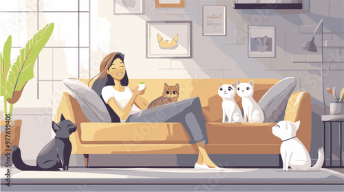 Female cartoon owner sitting on couch with cats and dog at home. Adorable scene in cozy living room with happy woman relaxing on sofa with domestic animals flat vector illustration. Pets, love concept