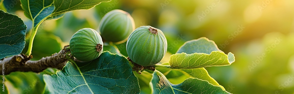 Fresh Green Figs Growing on a Branch in a Sunlit Garden During Late Summer Fresh Green Figs Growing on a Branch in a Sunlit Garden During Late Summer