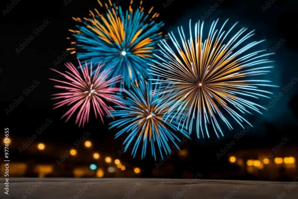 Bokeh background of blurry fireworks in the night sky, creating vibrant and colorful light patterns Bokeh background of blurry fireworks in the night sky, creating vibrant and colorful light patterns