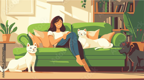 Female cartoon owner sitting on couch with cats and dog at home. Adorable scene in cozy living room with happy woman relaxing on sofa with domestic animals flat vector illustration. Pets, love concept