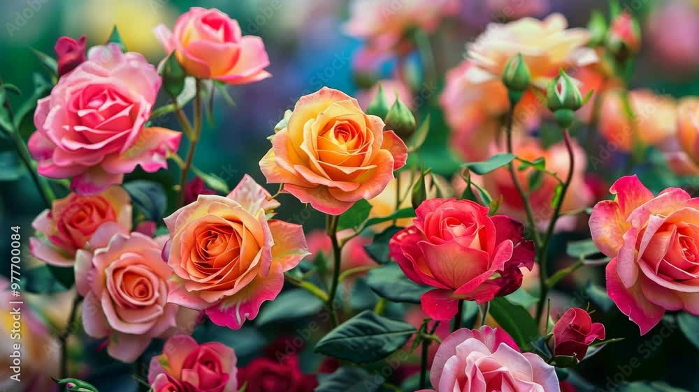 A vibrant collection of blooming roses in a lush garden during springtime A vibrant collection of blooming roses in a lush garden during springtime